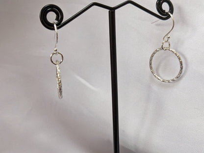 Sterling Silver Circle Sparkly Earrings | Diamond Cut Handmade Hoop Dangle Earrings
