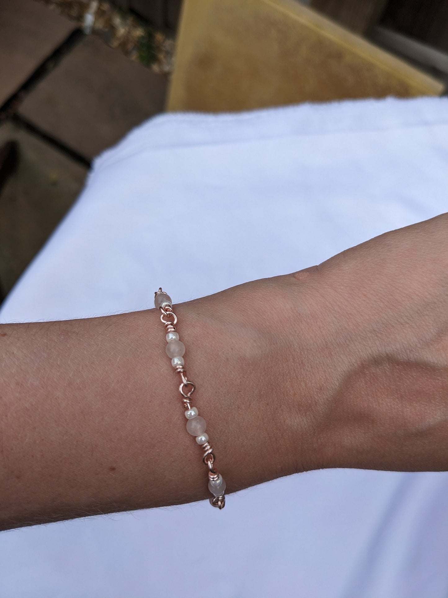 Handmade Chain - Rose Quartz and Glass Pearl Beads - Rose Gold Chain