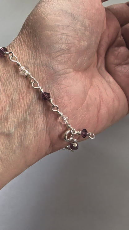 Sterling Silver Bracelet with Amethyst colour crystals