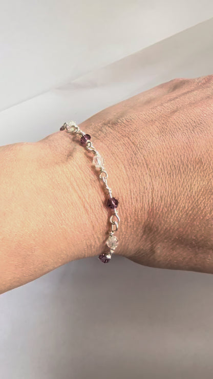 Sterling Silver Bracelet with Amethyst colour crystals
