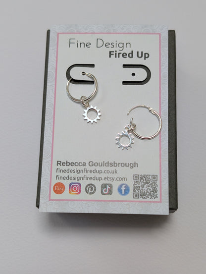 Sterling Silver Sun Charm on 14mm Sleeper Hoop Earrings
