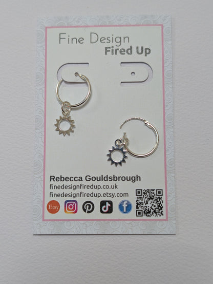 Sterling Silver Sun Charm on 14mm Sleeper Hoop Earrings