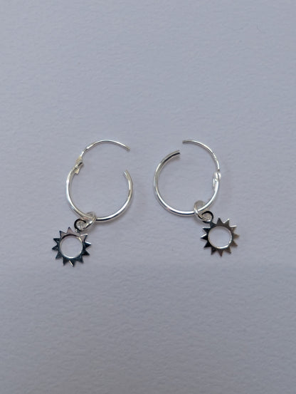 Sterling Silver Sun Charm on 14mm Sleeper Hoop Earrings