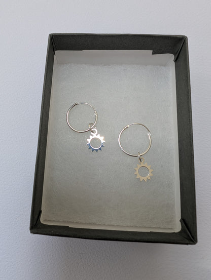 Sterling Silver Sun Charm on 14mm Sleeper Hoop Earrings