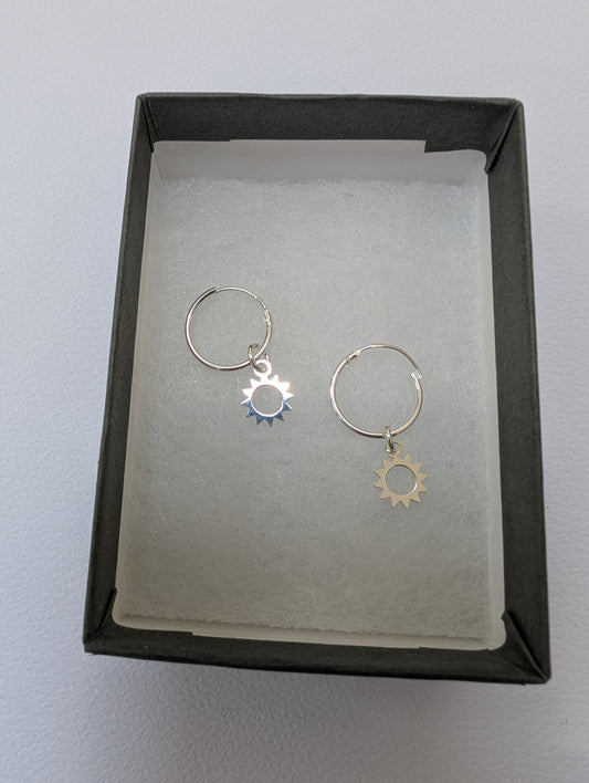 Sun, star, starburst sterling silver small 14mm hoops earrings